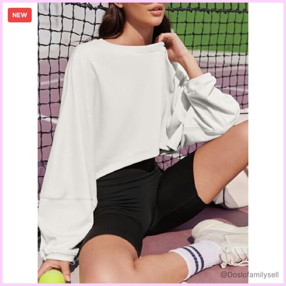 Cropped Crew Neck Sweatshirt Oversized Balloon Sleeve Loose Fit Casual Chic - Picture 4 of 8